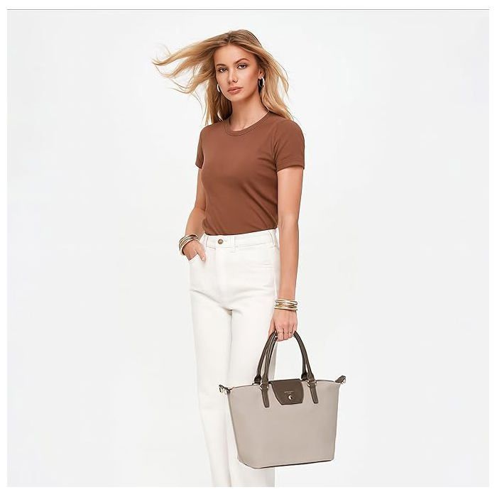 David Jones - Bolso tote de nailon para mujer - Bolso de hombro suave para compras - Tamaño mediano - Beige