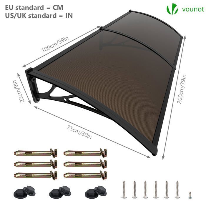 Marquesina para puerta de entrada VOUNOT® 200x80cm - Policarbonato - Resistente a los rayos UV - Marrón