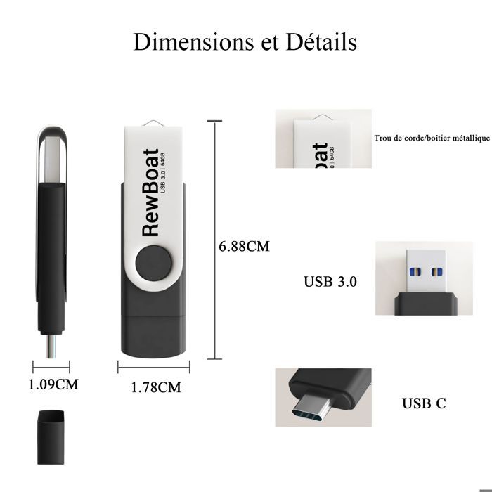 64GB USB Flash Drive V3.0, 2-Pack, 130MB/s Read Speed, 2-in-1 Type C&A Black, REWBOAT