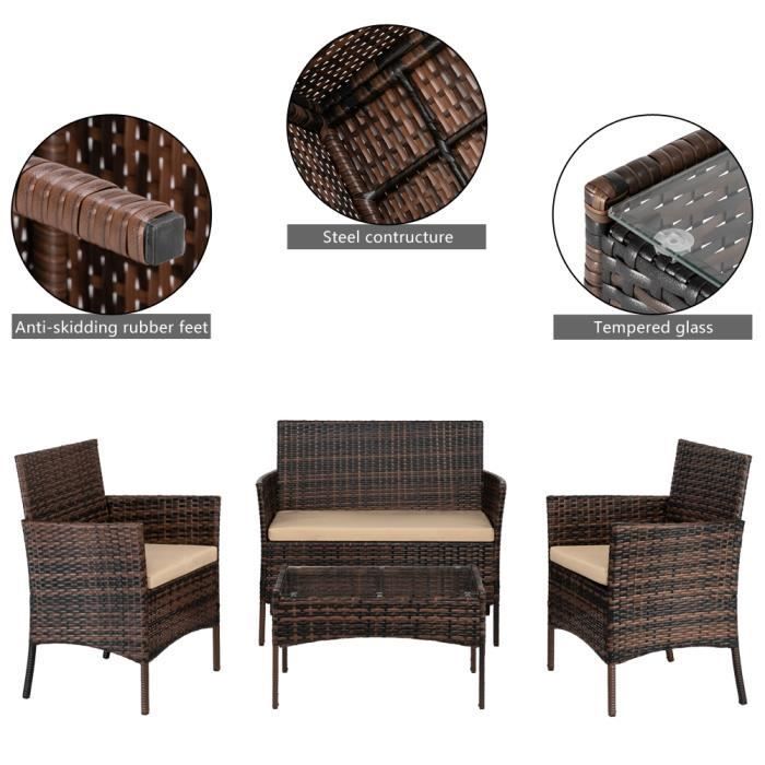 Set di mobili da giardino in resina effetto vimini - Mobili da esterno - Set da 4 pezzi - Marrone