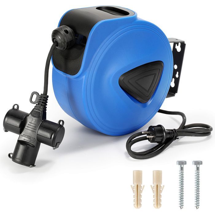 Enrollador de cable eléctrico automático Cecaylie de 20 m, cable de extensión para montaje en pared - Con tres enchufes