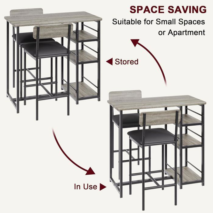 TABLE A MANGER AVEC CHAISES - Ensemble table de bar avec 2 tabourets 91x50x91cm - pour salle à manger, cuisine - Gris