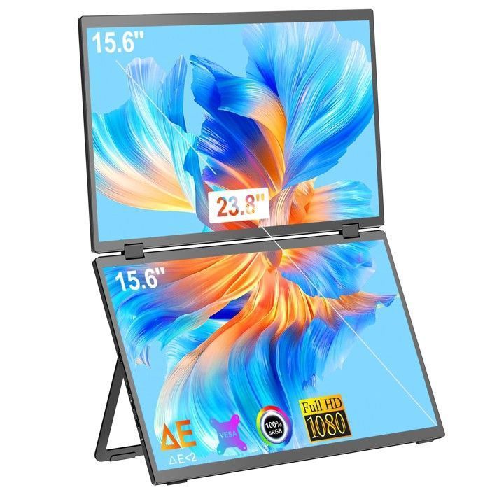 Dual-screen portable monitor, 15.6-inch, 1080p Full HD, 300 cd/m² brightness, 100% sRGB/VESA compatibility, mini HDMI, Type-C interface