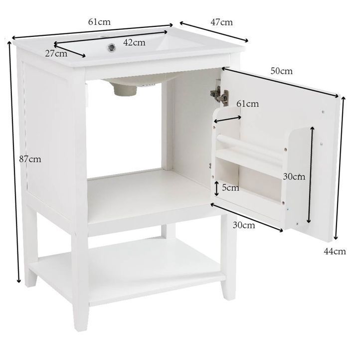 Mueble de baño con lavabo individual, armario bajo lavabo de cerámica de 60 cm con estante, color blanco.