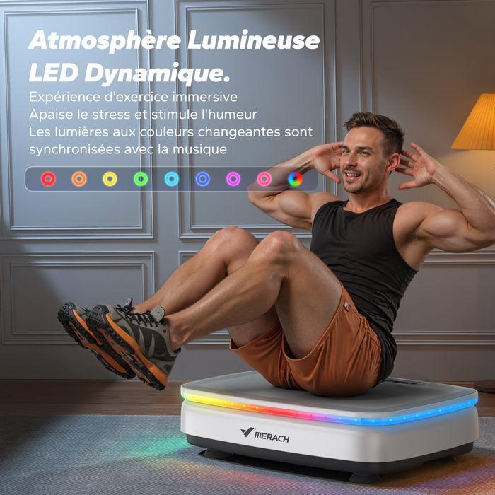 Plateforme Vibrante motorisée MERACH, 9 programmes, 99 Vitesses, Antidérapant, Écran LED, Télécommande, Bluetooth, 150kg Max, Blanc