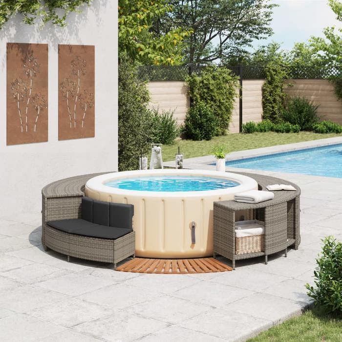 Estructura para jacuzzi vidaXL de mimbre gris, resina y madera maciza de acacia, cerramiento para jacuzzi, cerramiento para spa, cerramiento 365613