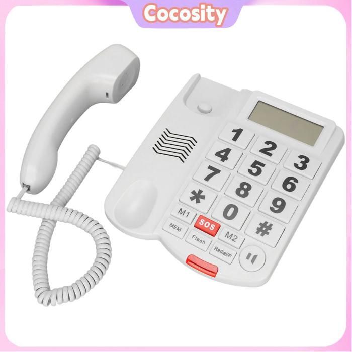 Teléfono con cable Cocosity con botones grandes, manos libres e identificación telefónica.