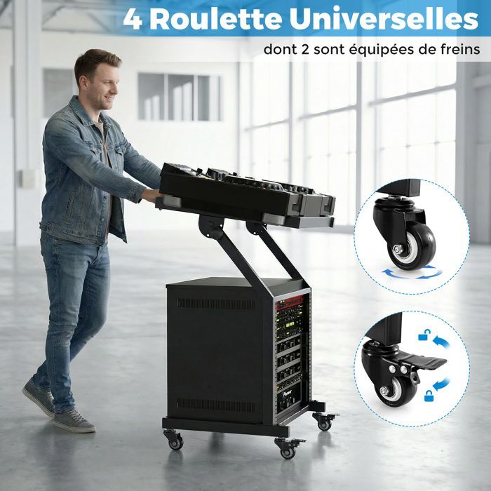 Soporte de audio profesional de 2 niveles COSTWAY, soporte para mezclador de DJ de 9U, barras ajustables, ruedas con bloqueo.
