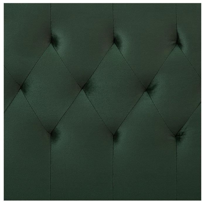 Cama doble GLAMOUR, superficie de descanso de 140x190 cm, con somier de láminas y patas de metal dorado, estilo barroco, tapizada en terciopelo capitoné verde.
