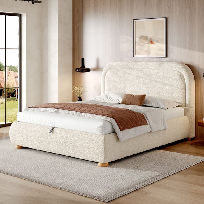 Cama tapizada con almacenamiento de 140x190 cm - MODERNLUXE - Almacenamiento bajo la cama - Cabecero tapizado - Base de láminas - Beige
