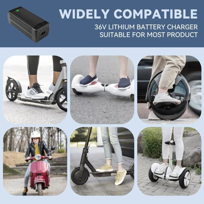 Chargeur Trottinette électrique, 42V 2A Universel Chargeur Hoverboard pour Batterie Lithium 36V avec 6 Connecteurs