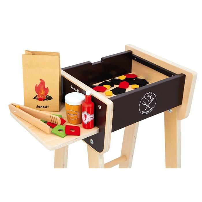 Barbacoa de madera - Cocina de juguete y set de juego para niños - 57 accesorios incluidos - 2 ruedas silenciosas - Para mayores de 3 años