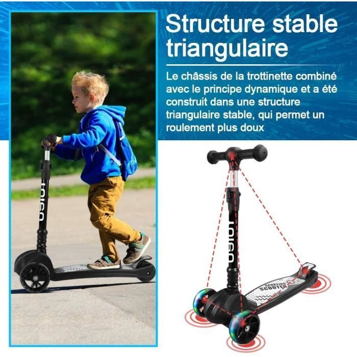 Trottinette Enfants - Pliable - 3 Roues Antidérapantes - LED - Réglable en Hauteur - Noir