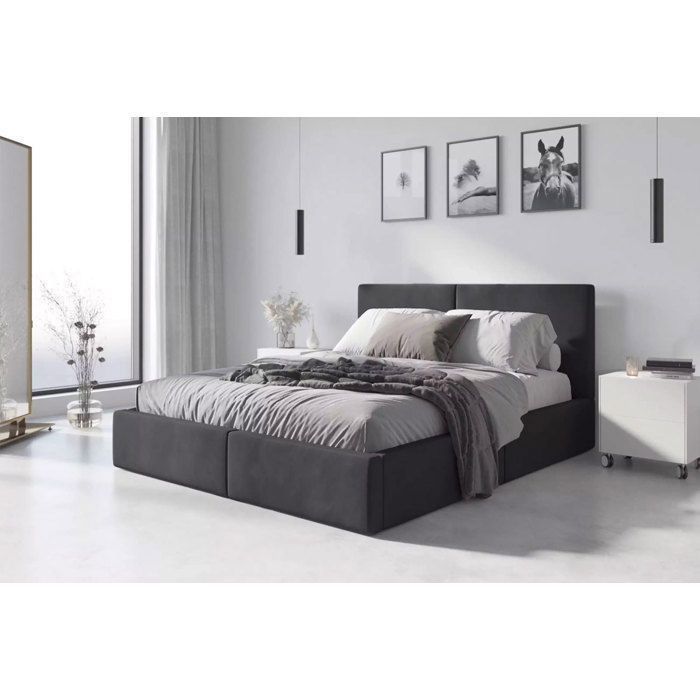 Gestoffeerd tweepersoonsbed - Interbeds - Hilton - 120x200 - Opbergvak - Lattenbodem - Metalen frame - Hoofdbord - Grafietkleurige stof