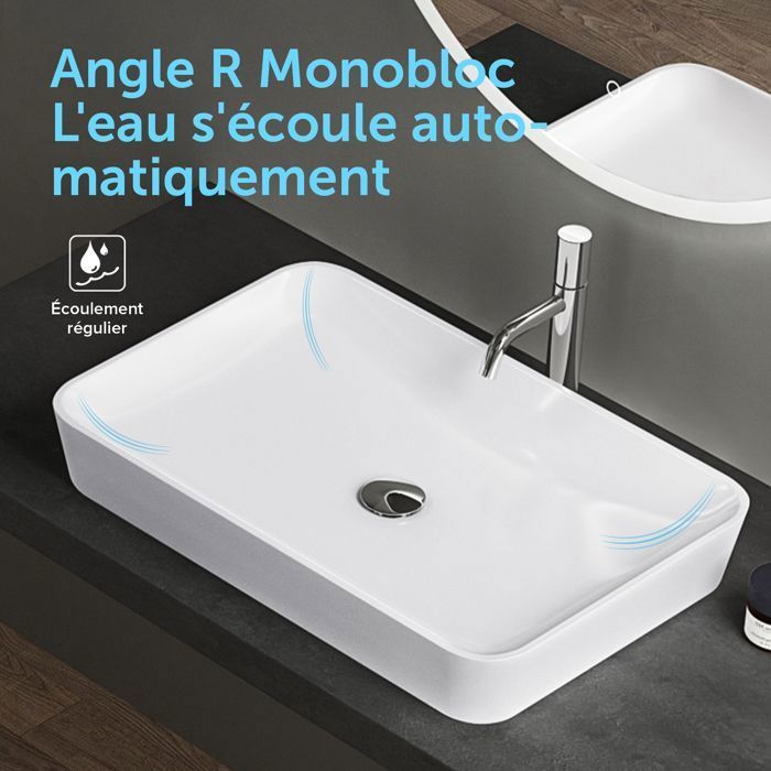 Lavabo de encimera Doporro Colossum815 blanco de 60 cm en superficie sólida de fundición mineral, 60x40x9 cm.