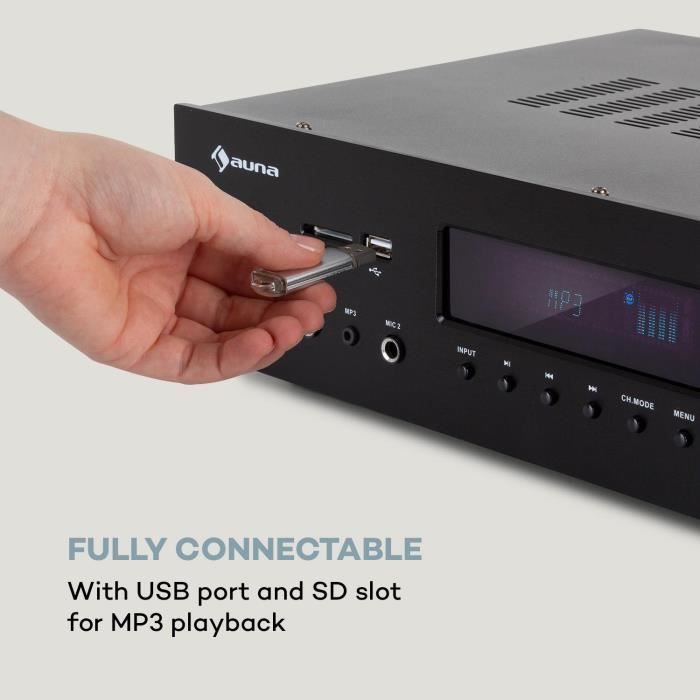 Auna AMP-H260 Bluetooth 5.1 Amplifier - 2 x 100 W + 3 x 20 W RMS - USB/SD - FM Radio Tuner - Black