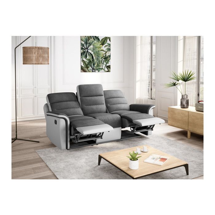 Sofá reclinável de 3 lugares LÉON em microfibra e couro sintético - Branco e cinza - L191 x P94 x A100cm - LOUNGITUDE