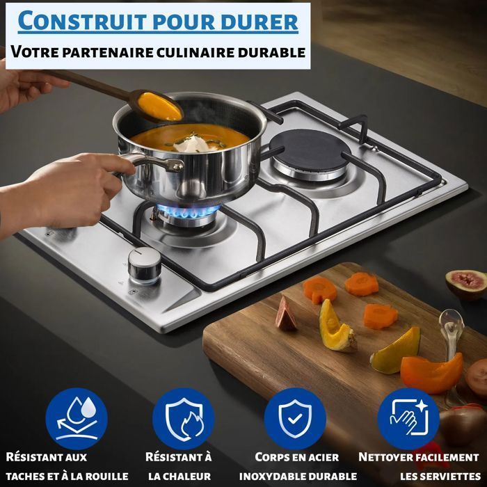 Plaque de Cuisson Gaz, 2 Feuxs Inox, Sécurité Thermocouple, Encastrable Table de Cuisson 30cm, Gazs Naturel/Propane, 4200W