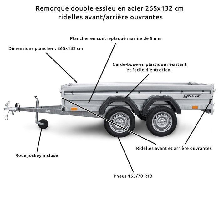 Reboque de aço de 265 cm com eixo duplo, laterais dianteiras e traseiras articuladas, 265 toneladas, lona plana.