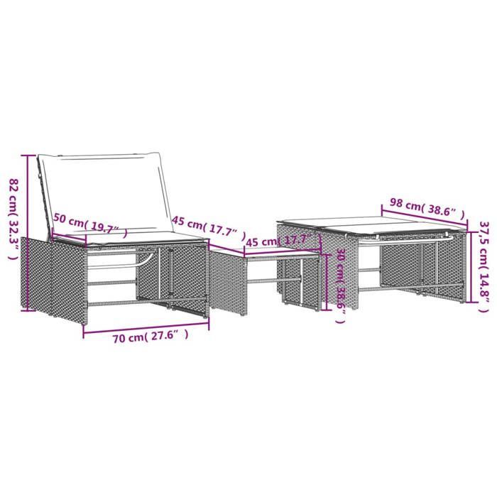 Set di 2 lettini prendisole modulari vidaXL con tavolino, lettino, sedia da giardino, seduta per esterni, 368424