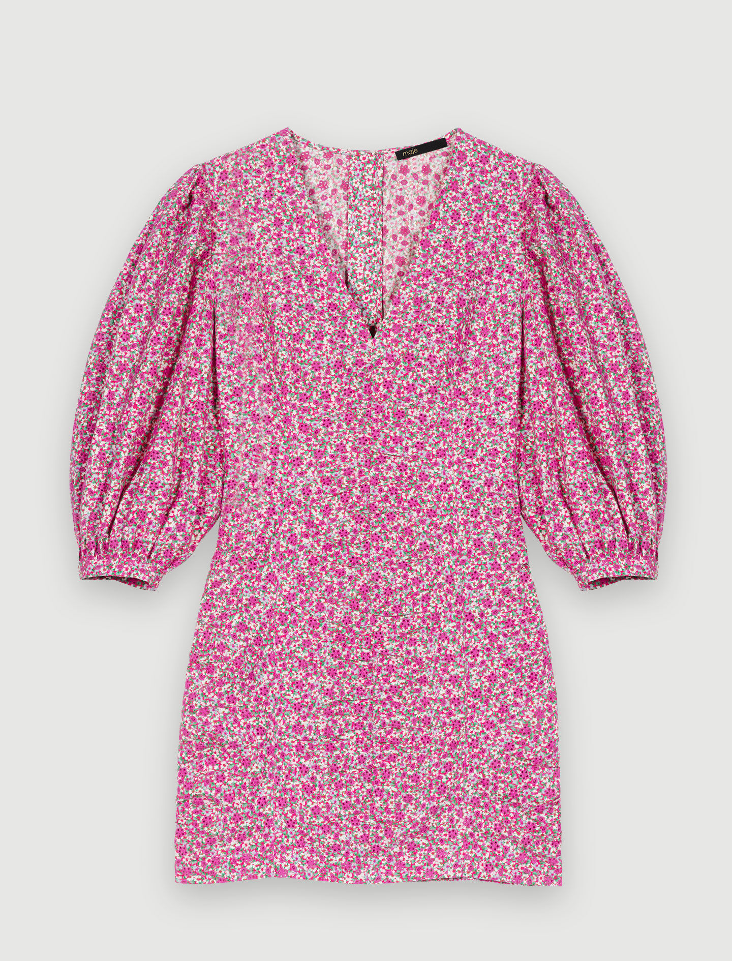 Kort jurkje met bloemenprint - Fuchsia geborduurde bloemen