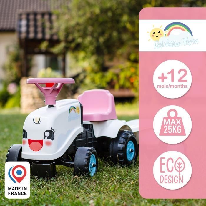 Rainbow Farm Ride-On Tractor - FALK - Steering Wheel with Horn - White and Pink - 100% Made in France - Ages 12 Months+