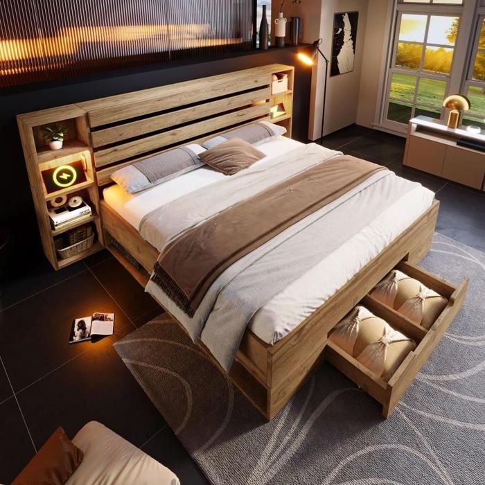 Conjunto de cama de carvalho 180x200 cm com iluminação LED, porta USB-C e gavetas de arrumação.