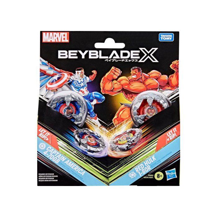 Coffret Beyblade 2 Toupies + 2 lanceurs : Captain America 4-70GB Contre Red Hulk 1-80R - Type attaque et Endurance