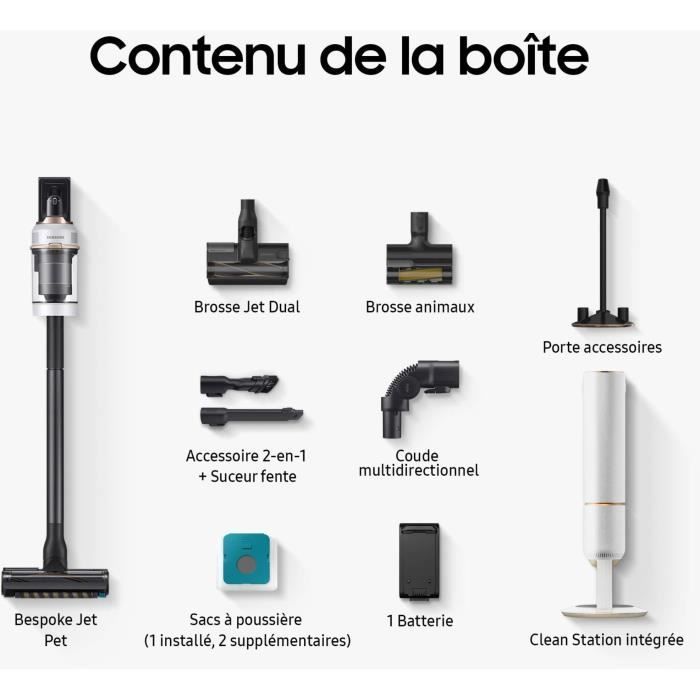 SAMSUNG Bespoke Jet Plus Pet VS20B95823W - Aspiradora con función de escoba + Clean Station 2.0 - 580 W - 210 AW