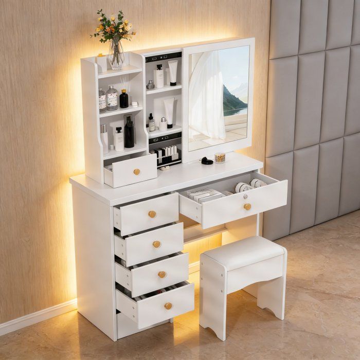 Dressing table with mirror and stool - 6 drawers, 6 shelves - Sliding mirror - Cushioned stool - 80x37x122cm