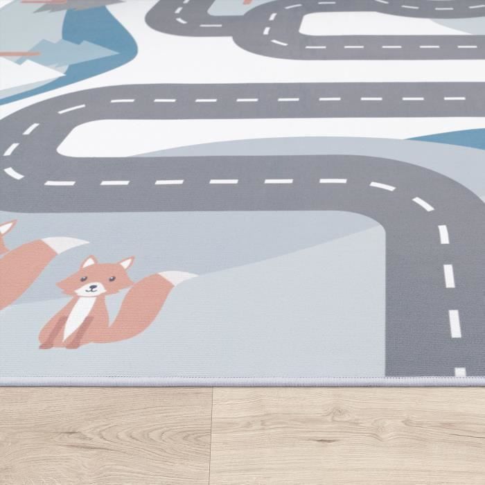 Alfombra infantil, tapete de juegos para guardería, estampado de calles y animales, color crema [100x200 cm]