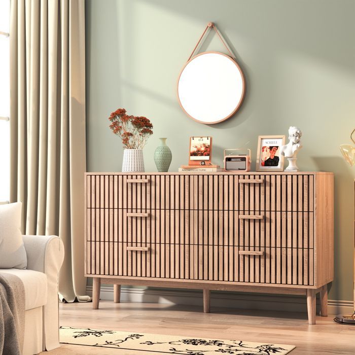 Commode en bois 100x34x73cm ,meuble de rangement de style scandinave avec 6 tiroirs et supports en bois,convient pour salon,