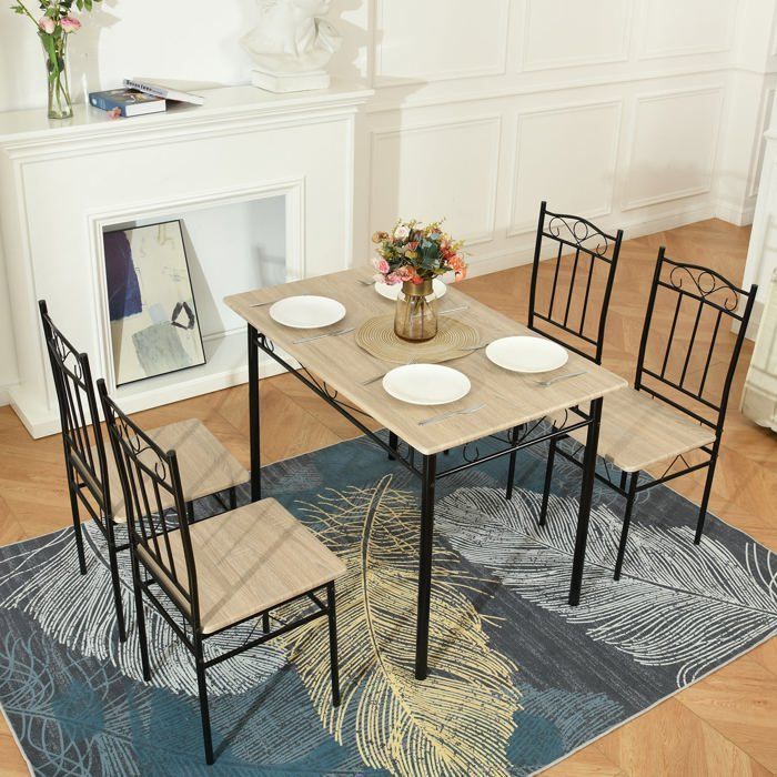 Conjunto de mesa de comedor (109 x 69 x 75 cm) y 4 sillas - Haya clara y negro - Estilo industrial, para cocina, comedor o sala de estar.