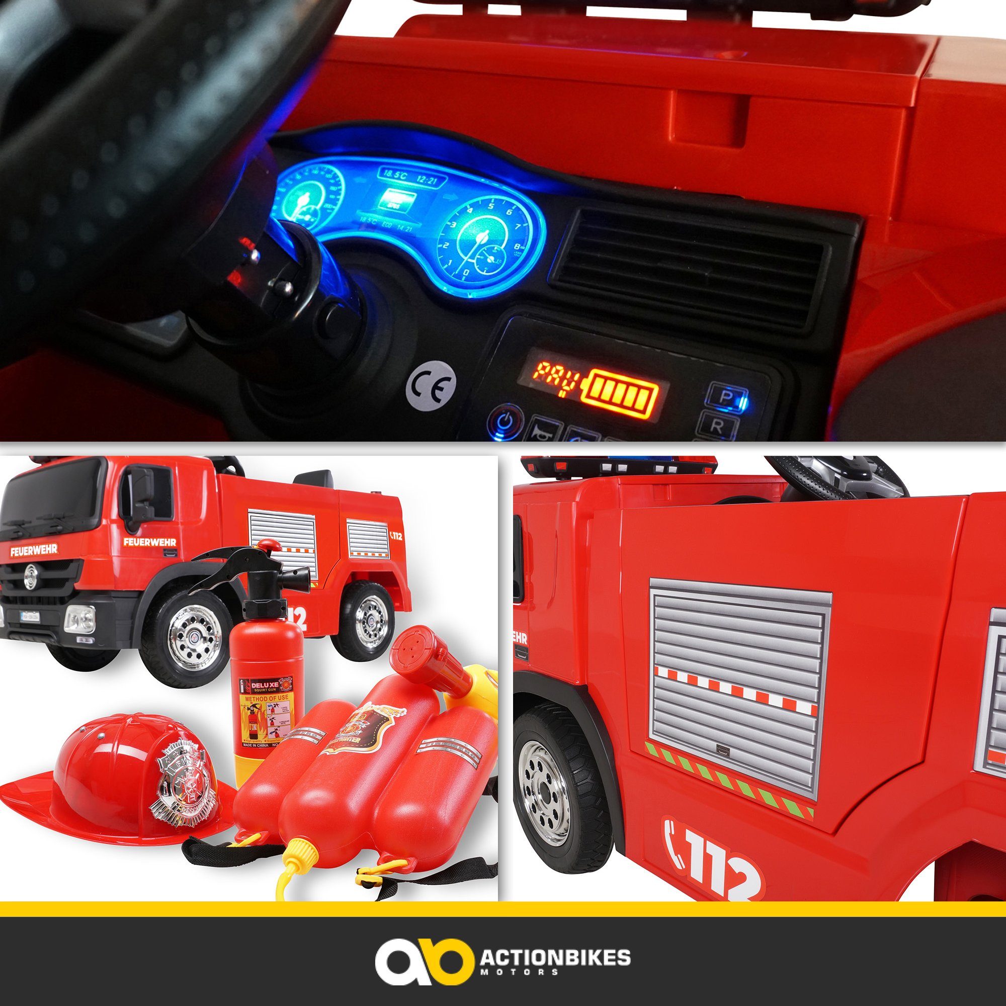 Actionbikes Motors Elektrische Brandweerwagen SX1818 voor Kinderen - Afstandsbediening - Watersproeier, Draagvermogen 40 kg, (4-delige set), Speelgoedvoertuig voor Kinderen vanaf 3 jaar, Elektrisch - Sirene & Bluetooth