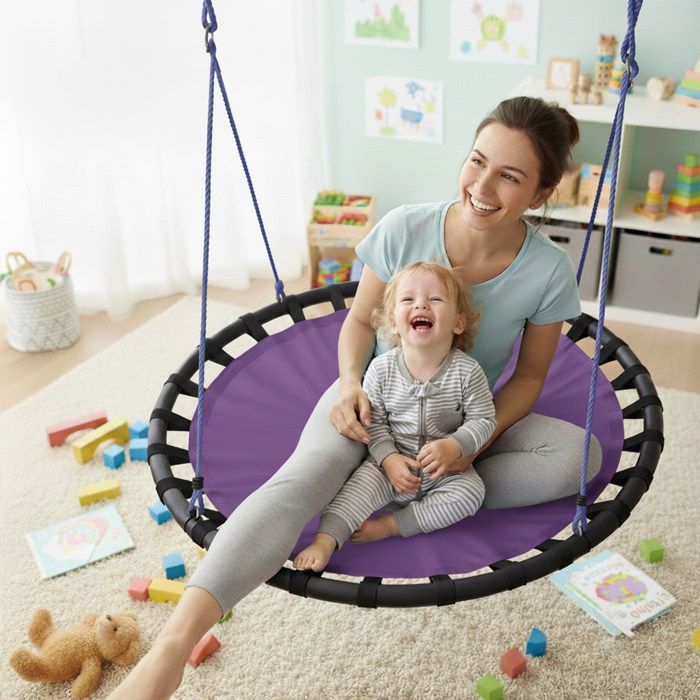 Columpio colgante redondo tipo nido de pájaro Relaxdays de 80 cm para niños y adultos, jardín exterior, capacidad de 100 kg, color morado.