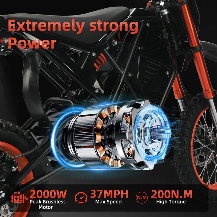 Motocicleta eléctrica 6MSKS, motor de 2000 W, 60 km/h, batería de 48 V y 23 Ah, autonomía de 72 km, freno de disco hidráulico, suspensión hidráulica.