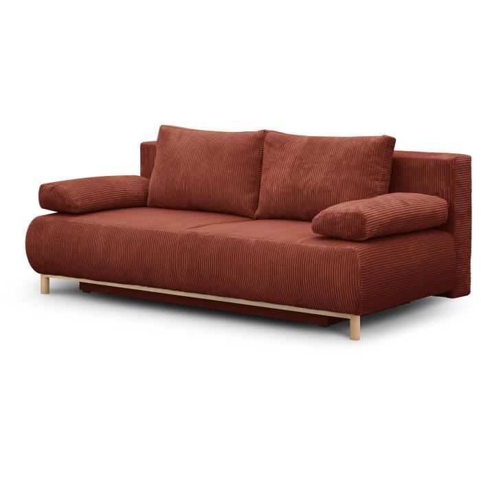 Sofá convertible de 3 plazas - MIKA - Pana color terracota - Compartimento de almacenamiento - Ancho 192 x Alto 84 x Profundidad 93 cm