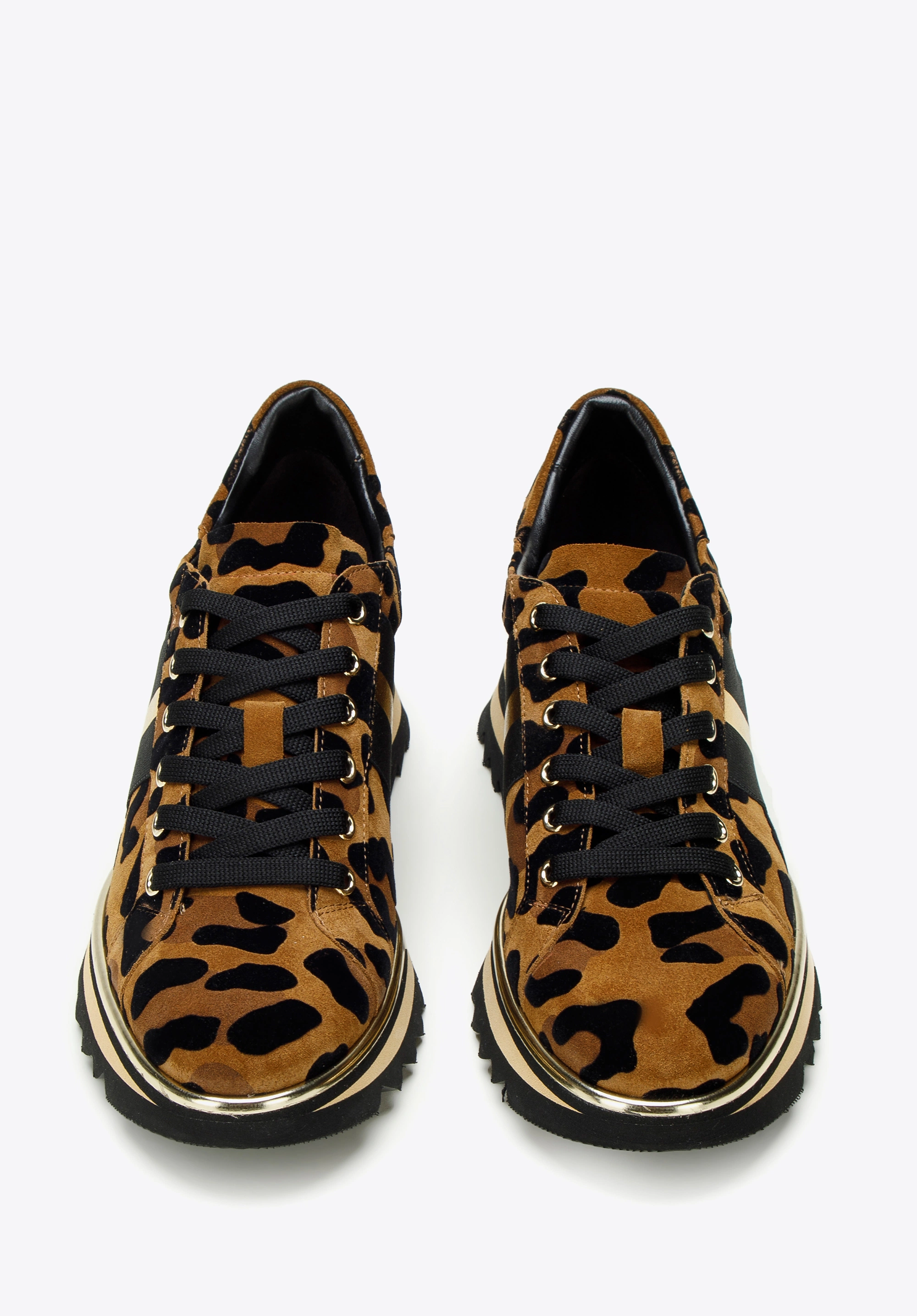 Damskie sneakersy zamszowe w zwierzęcy wzór brązowo-czarne