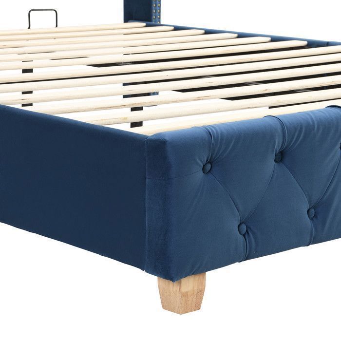 Cama doble para adultos - TKOPY - Cama tapizada de 160x200 cm, con somier de láminas, terciopelo azul.