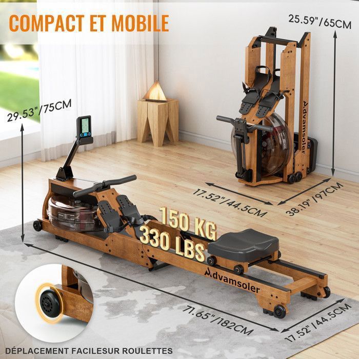Vogatore ad acqua pieghevole - ADVAMSOLER - HCQ-51-A - Serbatoio da 15 litri - Kinomap Bluetooth - Legno massello di quercia