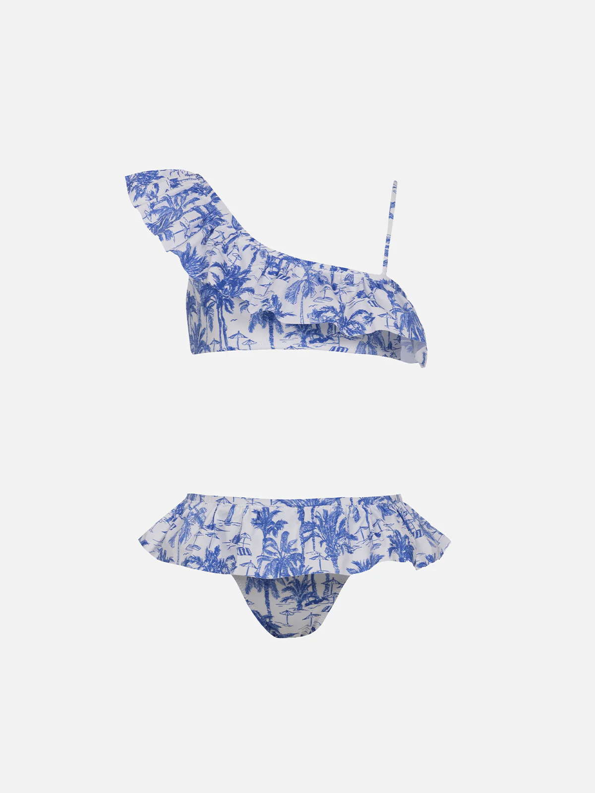 Rey bikini met één schouderband en ruches, met toile de jouy print.