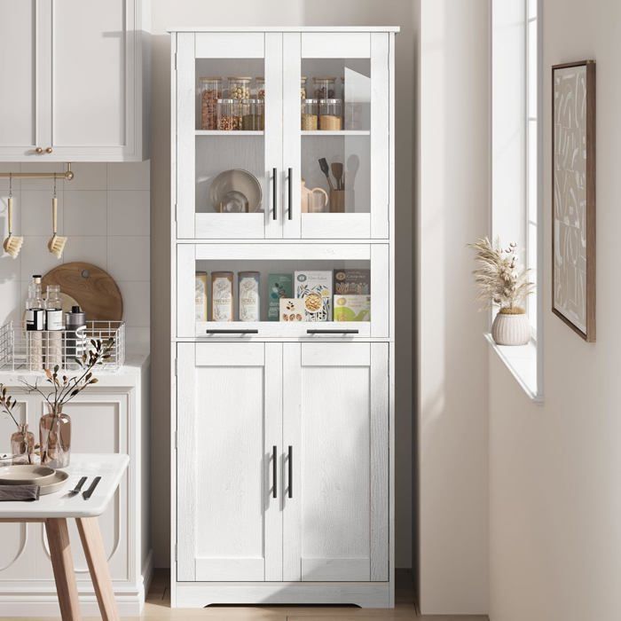 Armoire de rangement haute - LUNSY - 60x30x170 cm - Blanc - Quatre placards à portes - Grand tiroir coulissant