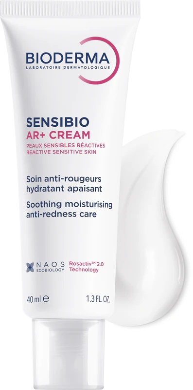 „Bioderma Sensibio AR+“ raminamasis kremas jautriai odai, linkusiai į spalvos pakitimus.