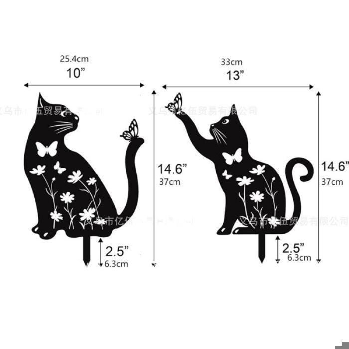 Decoración de jardín de metal con forma de gato - ANNEFLY - Gatos jugando con mariposas - Negro - Juego de 2 unidades