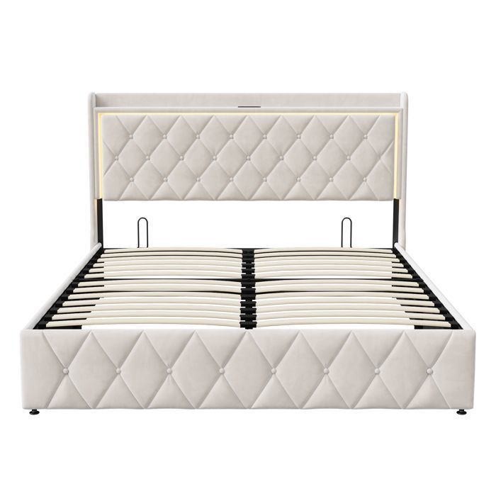 Cama doble de 140 x 200 cm con cabecero y somier de láminas, tapizada con iluminación LED y puertos USB, estructura de cama de 140 x 200 cm, terciopelo, color beige.