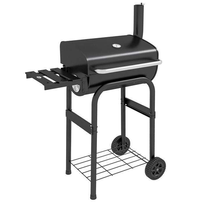 Outsunny charcoal barbecue - with shelves, wheels, lid, thermometer, chimney - metal - black