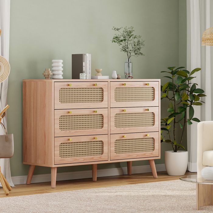Commode - 6 Tiroirs - Bois Naturel - Finition en Rotin - Style Vintage