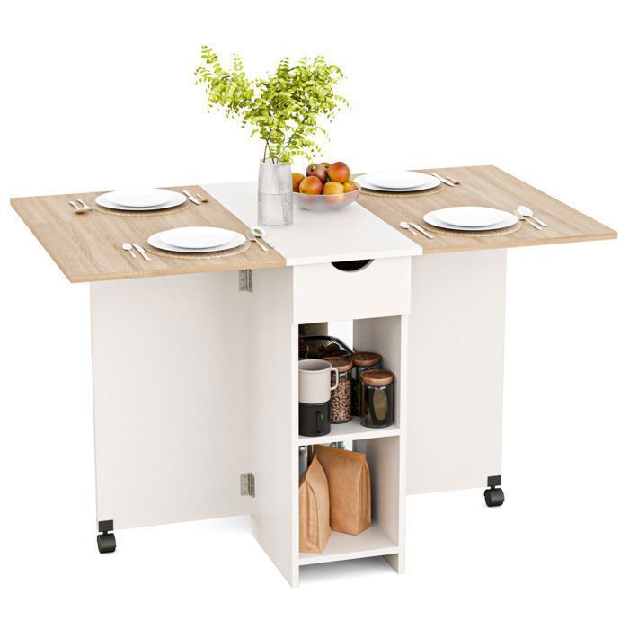Tavolo da pranzo pieghevole Mondeer, tavolo pieghevole con 1 cassetto e 2 ripiani, tavolo da cucina per piccoli spazi, rovere tagliato e bianco