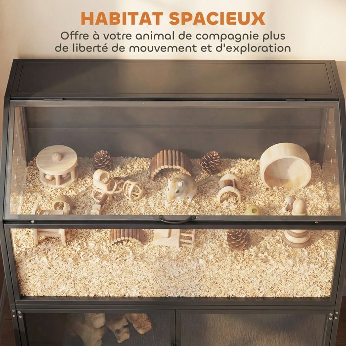 Cage hamster - PawHut - 2-en-1 avec armoire de rangement pour rongeur hamster syrien et souris - acier et acrylique - noir