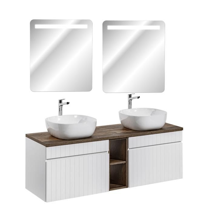 Mueble de baño doble con espejo + 2 armarios - 140 cm - Blanco Emblemático